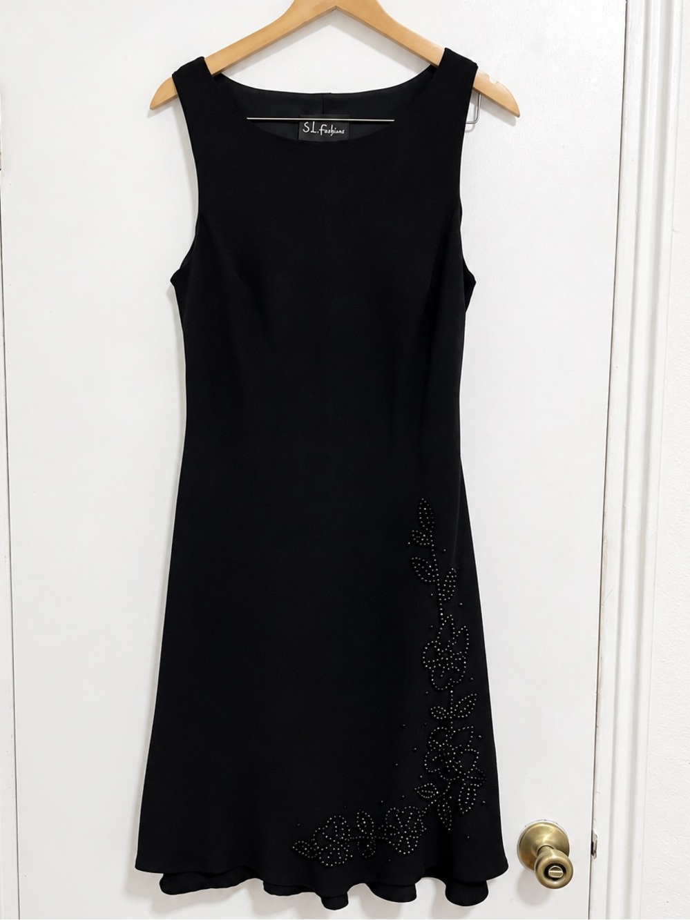 VTG 90's S.L. Fashions Black Beaded Floral Sleeveless Dress 12 Made in USA